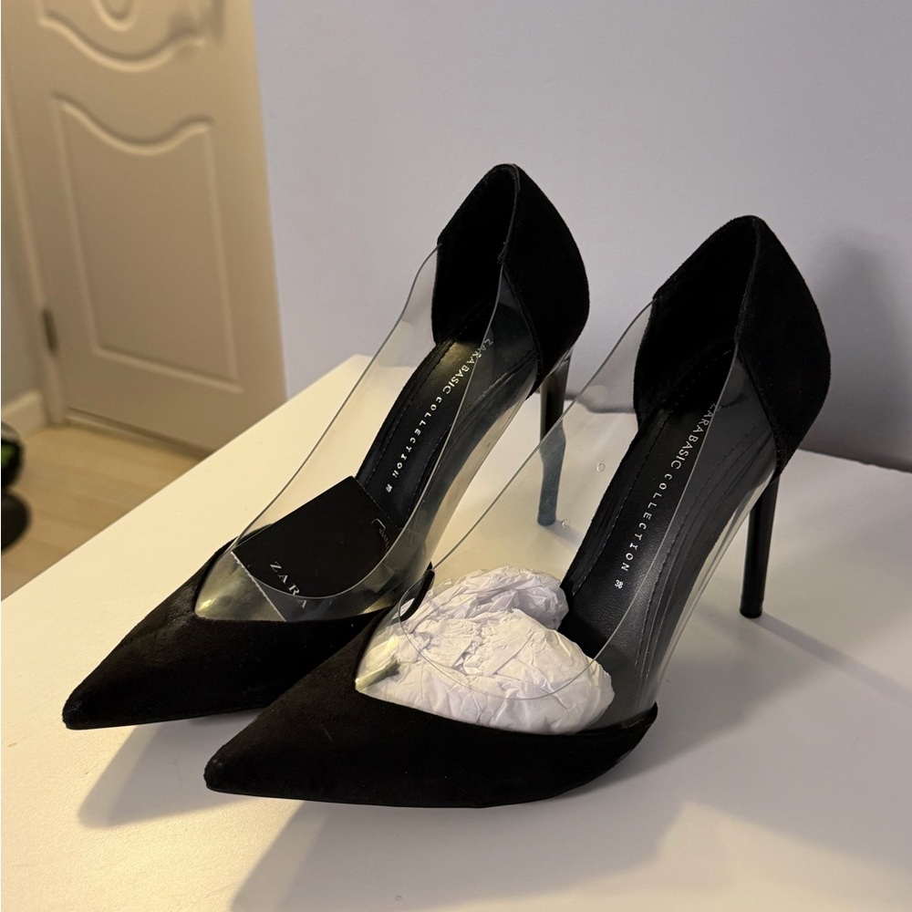 NWT Zara Black Pointed Clear Panel Stiletto Heels.